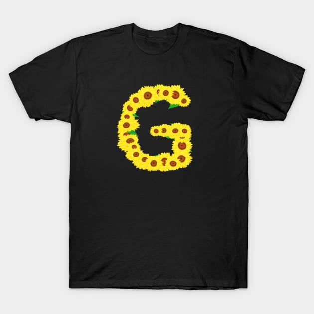 Sunflowers Initial Letter G (Black Background) T-Shirt by Art By LM Designs 